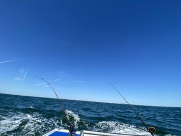 Two fishing rods bent under the strain of a catch while cruising on a sunny day in open waters.