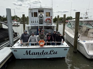 Group of anglers posing on the deck of the Mandalu boat at the dock, showcasing a successful fishing trip.