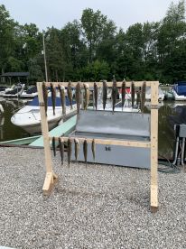 A display of freshly caught fish arranged on a board at a marina, showcasing a successful fishing trip with several boats in the background.