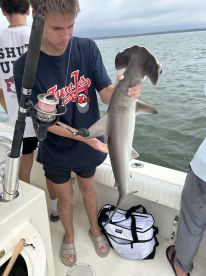 A young angler proudly holding a Hammerhead Shark while fishing on a boat, showcasing a thrilling catch during a coastal fishing adventure.