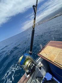 Close-up of a fishing rod and reel setup on a boat, showcasing the fishing environment with calm waters and a clear sky.