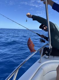 Angler reeling in a vibrant Red Snapper while fishing in deep blue waters, showcasing an exciting moment on the boat.