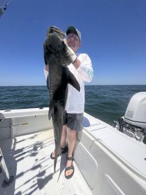 Angler proudly displaying a large Blacktip Shark aboard a fishing boat in clear waters.
