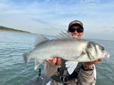 Angler proudly displaying a large striped bass while fishing on a calm day, showcasing the excitement of a successful catch.