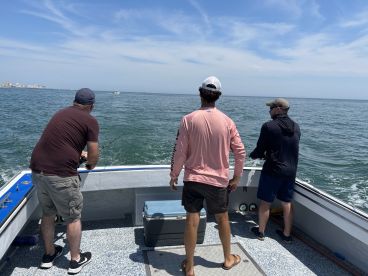 Three anglers actively fishing from a boat, enjoying a sunny day on the water, with a coastal city skyline in the background.