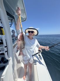 An angler proudly displaying a Snapper while fishing on a sunny day, showcasing the excitement of a successful catch.