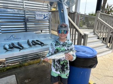 A young angler proudly displaying a Spanish Mackerel at a marina cleaning station, surrounded by other fish after a successful fishing trip.