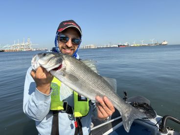 An angler proudly displaying a large striped bass while fishing in a scenic harbor, showcasing a successful day on the water.