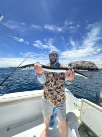 Angler proudly displaying a long Barracuda while fishing off the coast, showcasing a sunny day on the water.