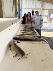 A group of anglers posing with a successful catch of catfish displayed on a cleaning table after a fishing trip.