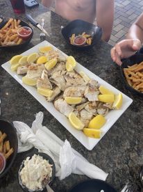 A beautifully arranged platter of grilled fish garnished with lemon, served alongside fries and coleslaw at a waterfront dining spot.