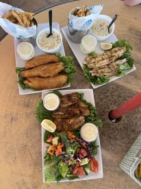 A variety of seafood dishes served on plates, including fried fish, grilled fish, and a fresh salad, showcasing a casual dining experience.