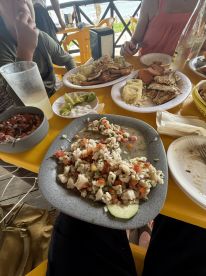 A casual dining scene featuring a variety of seafood dishes, including ceviche, at a beachside restaurant.