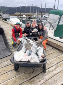A family group proudly displaying a large haul of various fish, including halibut and salmon, in a wheelbarrow at the marina after a successful fishing trip.