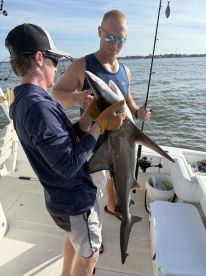 Two anglers on a boat proudly displaying a large shark caught during a fishing trip, showcasing the excitement of deep-sea fishing.