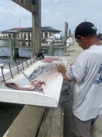 A fisherman filleting fish at a cleaning station on the dock, showcasing a variety of fish species after a successful fishing trip.