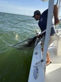 Angler actively reeling in a fish while on a boat, showcasing the excitement of fishing in open waters.