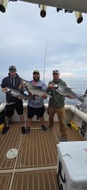 Three anglers proudly displaying their catch of large Salmon aboard a fishing charter in open waters.