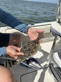 Angler holding a Flounder while on a boat, showcasing a successful catch during a fishing trip.
