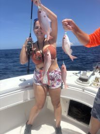 A happy angler displaying multiple Pink Snapper while fishing offshore, showcasing a successful day on the water.