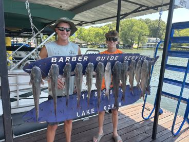 Two anglers proudly displaying a catch of catfish on a board at Lake Ozark, showcasing a successful fishing trip.