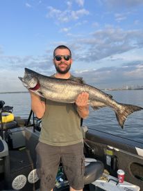 An angler proudly displaying a large Salmon while fishing on a boat, showcasing a successful day on the water.