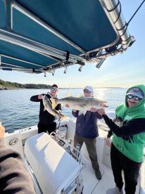 Three anglers proudly displaying their catch of striped bass aboard a fishing boat, enjoying a sunny day on the water.
