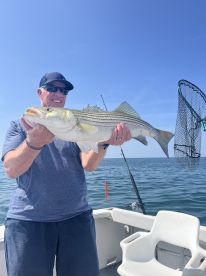 An angler proudly displaying a large Striped Bass while fishing on a sunny day.