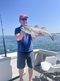 An angler proudly displaying a large Striped Bass while fishing on a sunny day.