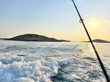A scenic view of a fishing environment with islands in the background during sunset, showcasing the tranquil waters and boat wake.