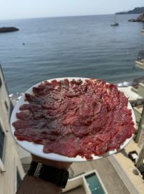 A plate of freshly sliced fish, likely sashimi, displayed against a scenic coastal backdrop, showcasing the catch from a recent fishing trip.