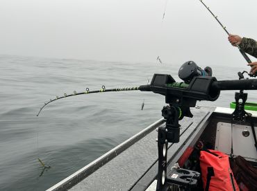 A fishing rod is bent as a fish is being reeled in during a foggy day on the water, showcasing the excitement of the catch.