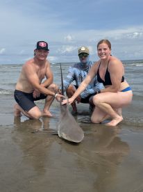 Three anglers proudly displaying a large shark on the beach, showcasing their successful catch during a coastal fishing adventure.