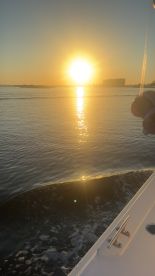 A scenic sunset view over the water, with a hint of a fishing rod in the foreground, capturing the tranquil atmosphere of a fishing trip.