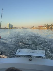 View from the boat showing a scenic waterway with buildings in the background, highlighting the boat's exterior and fishing environment.