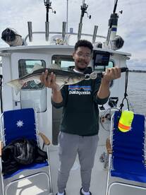 An angler proudly displaying a striped bass aboard a fishing boat, showcasing a successful catch during a day on the water.