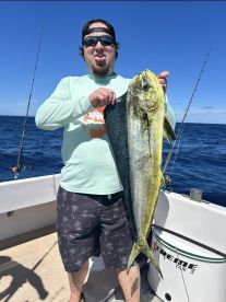 Angler proudly displaying a large Mahi Mahi while fishing offshore, showcasing a vibrant blue ocean backdrop.