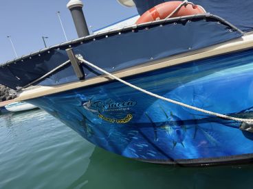 The exterior of a sport fishing boat named 'La Rehaca' featuring vibrant marine artwork, docked in calm waters.