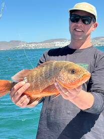Angler proudly displaying a vibrant Red Snapper while fishing in clear blue waters.