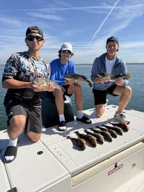 Three anglers proudly displaying their catch of various fish on a sunny day out on the water.
