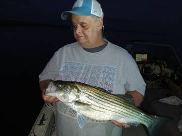 Angler holding a striped bass while fishing at night on a boat.