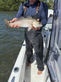 Angler proudly displaying a Redfish while fishing from a boat in a scenic waterway.