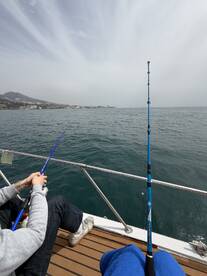 Two anglers are casting their lines from the deck of a boat, enjoying a fishing trip in a scenic coastal area.