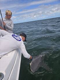 Two anglers engaged in a thrilling moment as they interact with a large shark while fishing offshore.