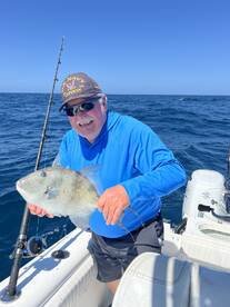 An angler proudly displaying a large Gray Triggerfish while fishing on a boat in open waters.