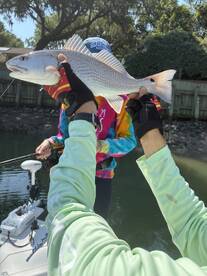 A proud angler holds up a freshly caught Redfish while fishing in a scenic waterway, showcasing a vibrant fishing environment.