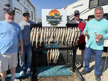 A group of anglers proudly displaying their catch of Walleye on a catch board after a successful fishing trip.
