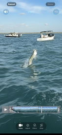 A fish leaps out of the water in a dynamic action shot, with boats visible in the background, capturing the excitement of fishing in open waters.