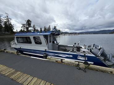 A sleek aluminum fishing boat named 'Pro Chubby' docked at a serene waterfront, surrounded by trees and mountains.