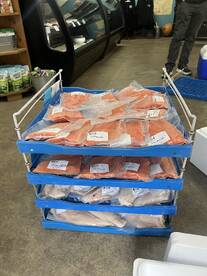A display of neatly packaged Chinook salmon and Lingcod fillets in a fish market, showcasing the catch of the day.